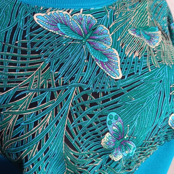 Vintage Hanes Activewear Teal Butterfly Print Sweatshirt Large 1990's Granny - Picture 7 of 7